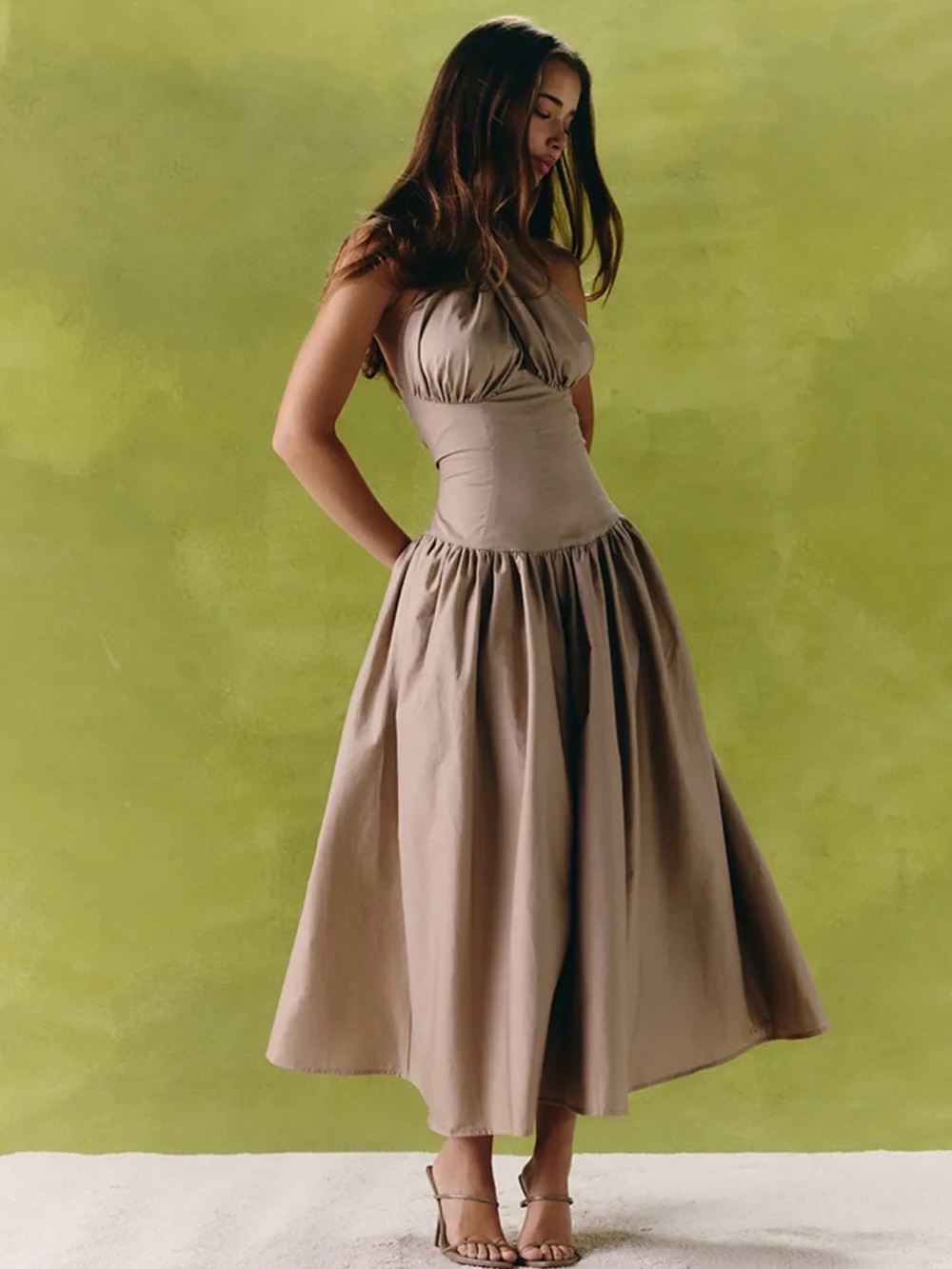 PrettyLittleThing Taupe Backless Midi Dress